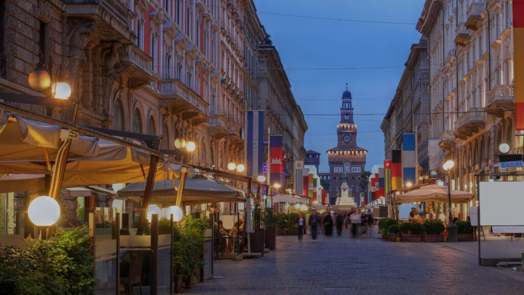 Scenic view of Via Dante in Milan, showcasing its elegant buildings and bustling atmosphere.